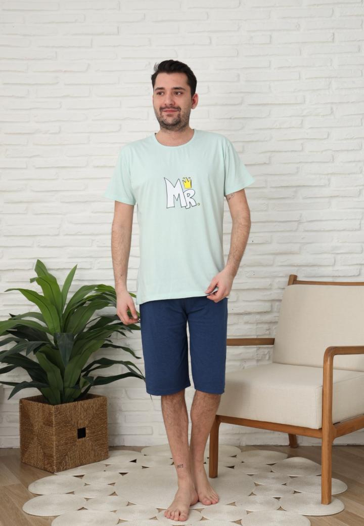 Pijama bărbați cu mânecă scurtă și pantaloni trei sferturi -MR, Verde Deschis
