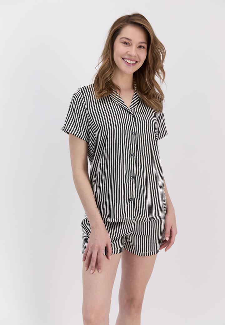 Pijama Dama Bumbac Pierre Cardin, Camasa și Short cu Dungi Negre