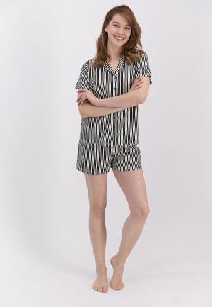 Pijama Dama Bumbac Pierre Cardin, Camasa și Short cu Dungi Negre