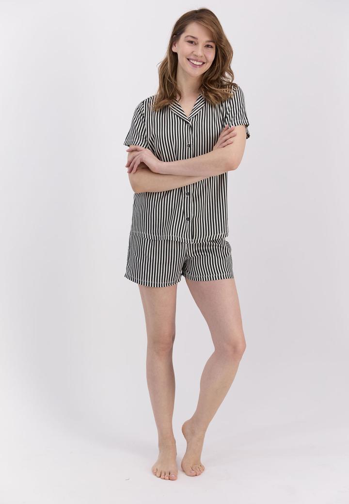 Pijama Dama Bumbac Pierre Cardin, Camasa și Short cu Dungi Negre