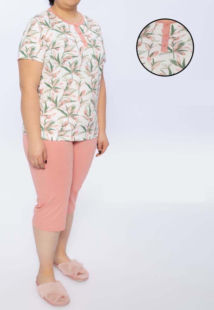 Pijama Dama Bumbac Mărimi Mari, Baza Gâtului cu 3 Nasturi și Flori,Roz