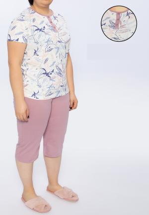 Pijama Dama Bumbac Mărimi Mari, Baza Gâtului cu 3 Nasturi și Flori,Mov