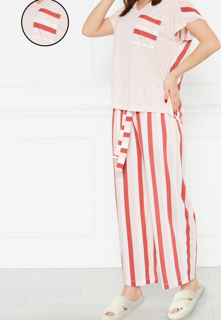 Pijama Dama Bumbac Mânecă Scurtă, Pantaloni Lungi și Buzunare pe Piept