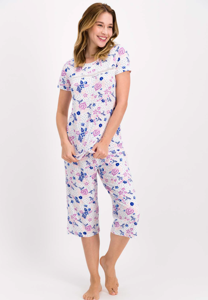 Pijama Dama Bumbac Mânecă Scurtă, Pantalon Trei Sferturi cu Dantelă