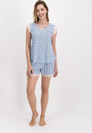 Pijama Dama Bumbac Pierre Cardin, Mânecă Scurtă și Pantalon Scurt cu Dantelă