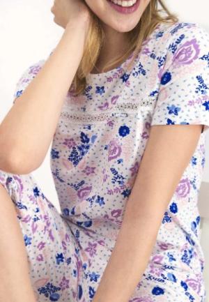 Pijama Dama Bumbac Mânecă Scurtă, Pantalon Trei Sferturi cu Dantelă