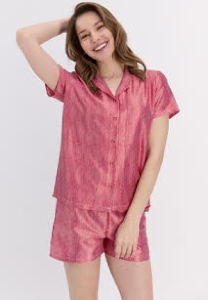 Pijama Dama Bumbac Pierre Cardin, Camasa și Short cu Dungi Roșii