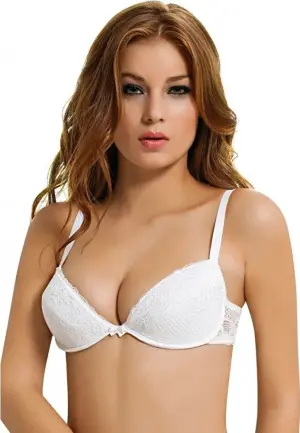 Sutien push-up din dantelă, cu jumătate de cupă, sârmă de susținere, bretele fixe și bureți detașabili, Alb