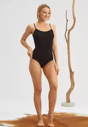 Body cu Bretele Subțiri și Închidere cu Capse-Negru