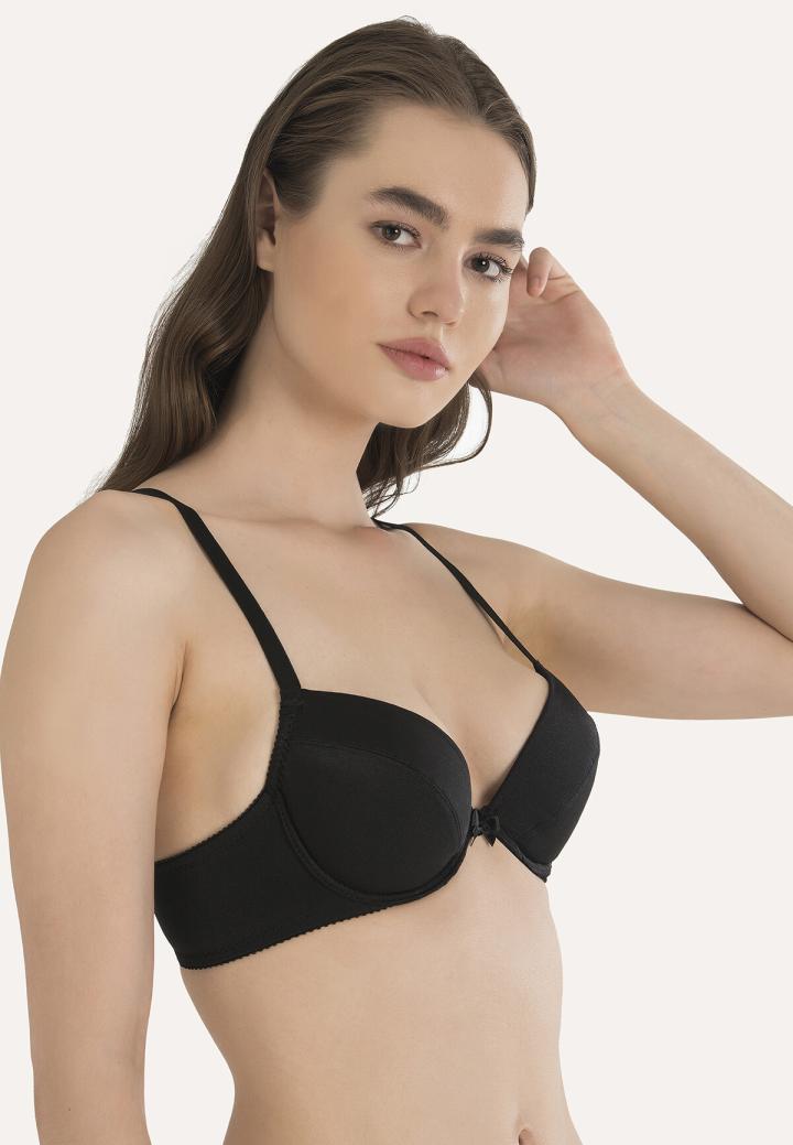 Sutien push-up cu jumătate de cupă, bretele fixe și bureți detașabili, Negru