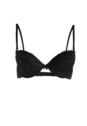Sutien push-up din dantelă, cu jumătate de cupă, sârmă de susținere, bretele fixe și bureți detașabili, Negru
