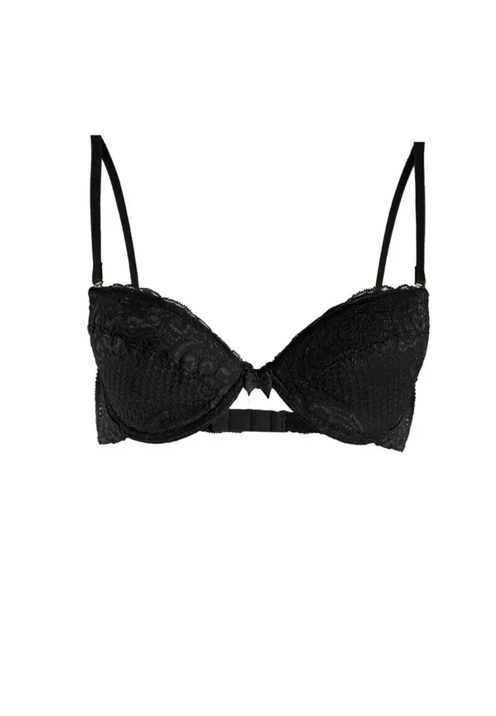 Sutien push-up din dantelă, cu jumătate de cupă, sârmă de susținere, bretele fixe și bureți detașabili, Negru