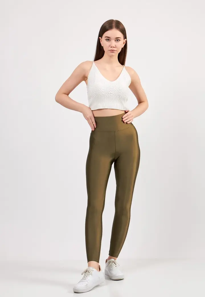 Colanți damă lucioși Kaki – subțiri, mulați, material elastic