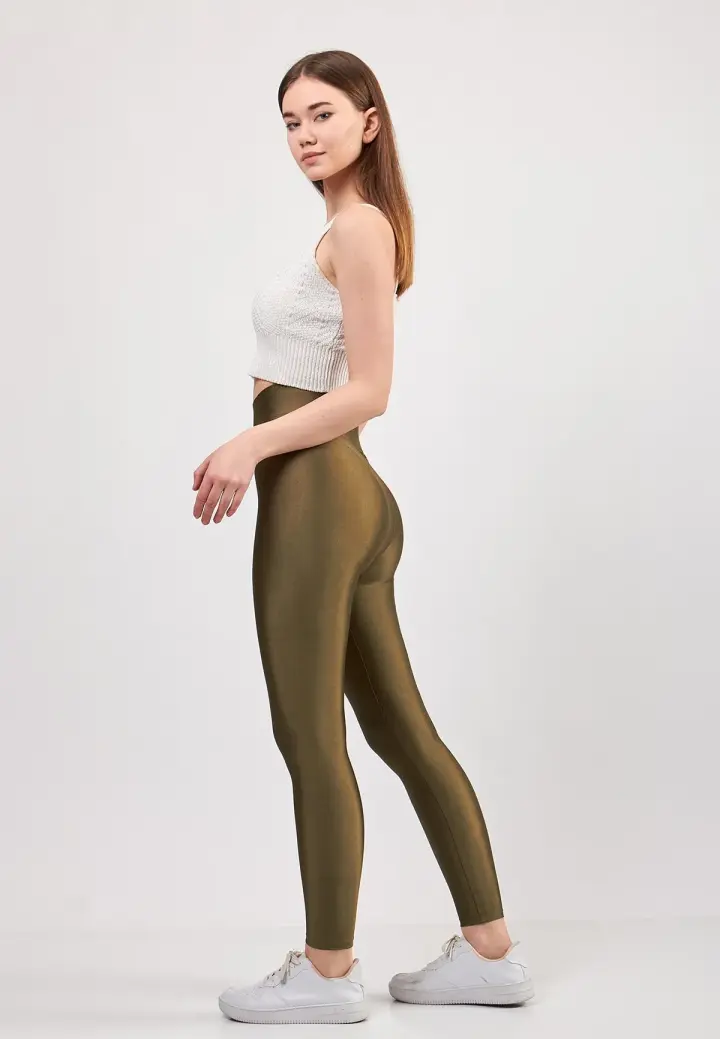 Colanți damă lucioși Kaki – subțiri, mulați, material elastic