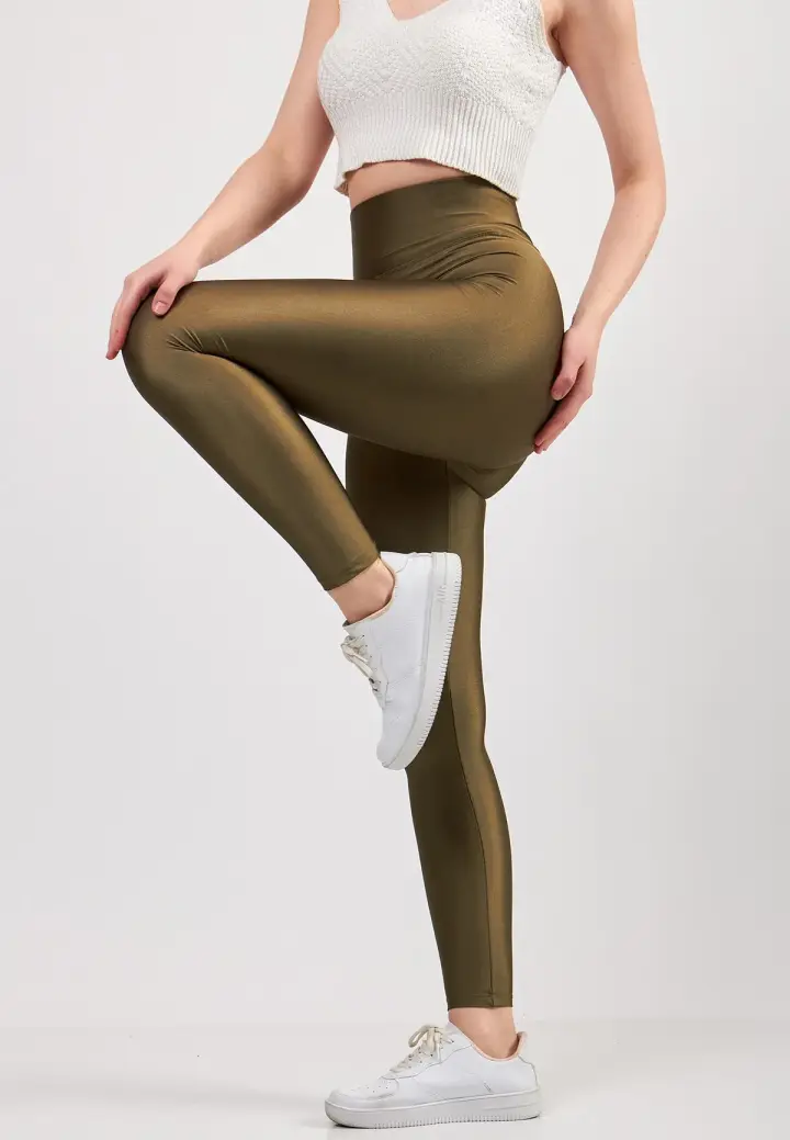 Colanți damă lucioși Kaki – subțiri, mulați, material elastic