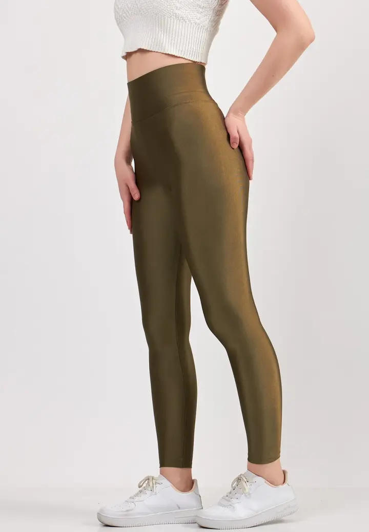 Colanți damă lucioși Kaki – subțiri, mulați, material elastic