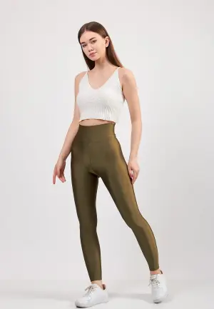 Colanți damă lucioși Kaki – subțiri, mulați, material elastic