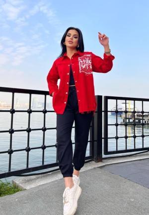 Camasa Denim Dama Rosu cu Nasturi