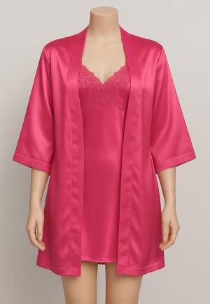 Set lenjerie satinată – halat și rochiță fără cordon,fuchsia