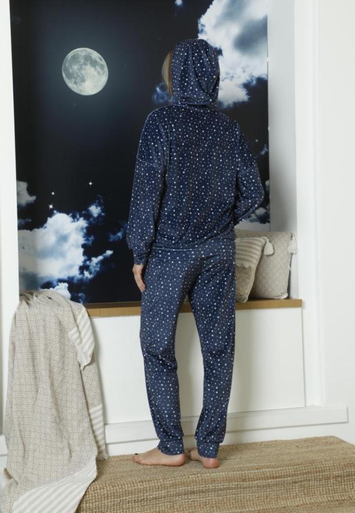 Trening Damă Catifea cu Glugă și Model Stele, Bleumarin