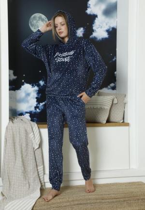 Trening Damă Catifea cu Glugă și Model Stele, Bleumarin