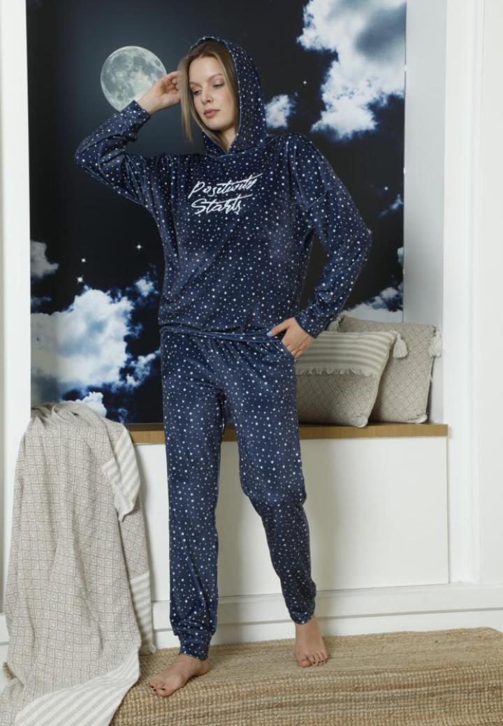 Trening Damă Catifea cu Glugă și Model Stele, Bleumarin