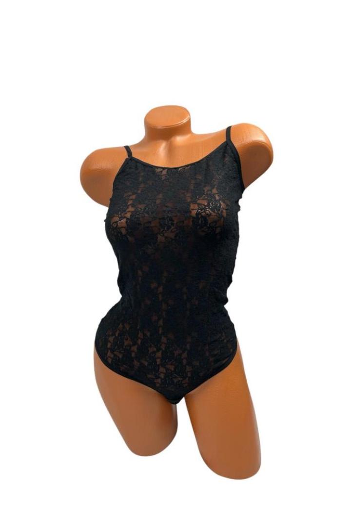 Body damă din dantelă negru cu bretele subțiri