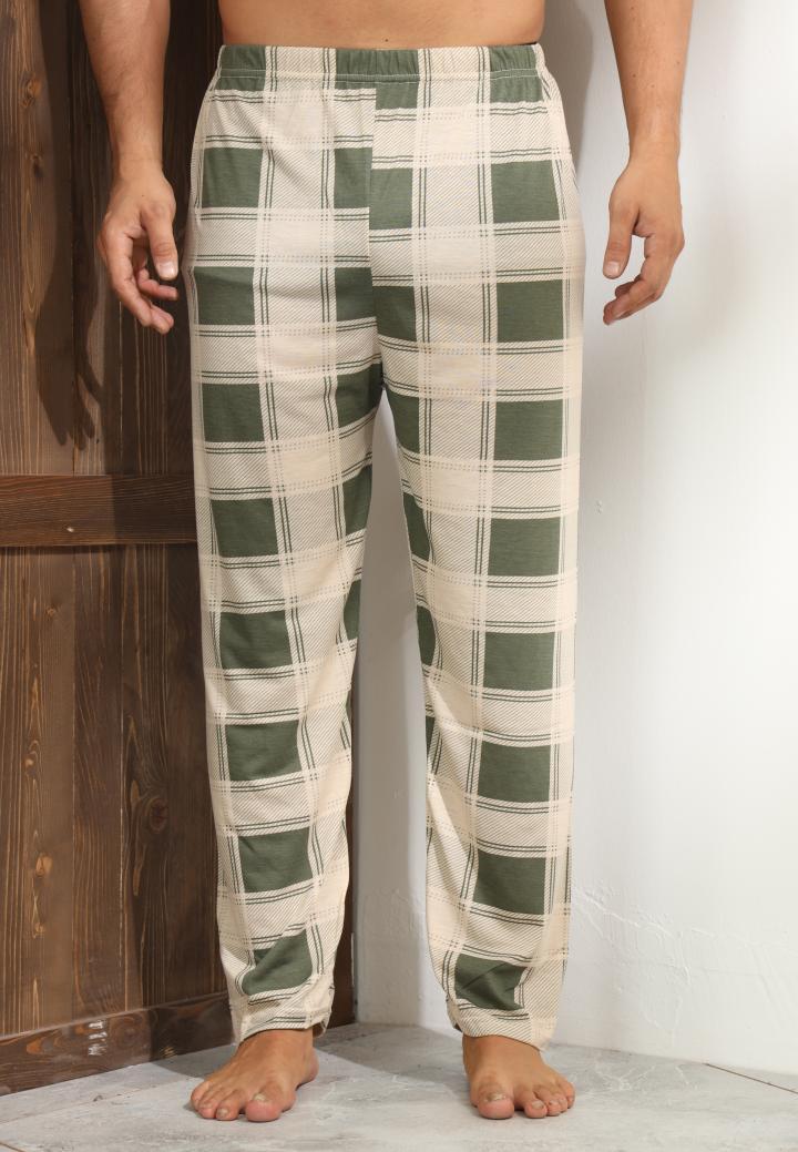 Pantaloni de pijama bărbați – bej cu model pătrățele verzi, confort sporit