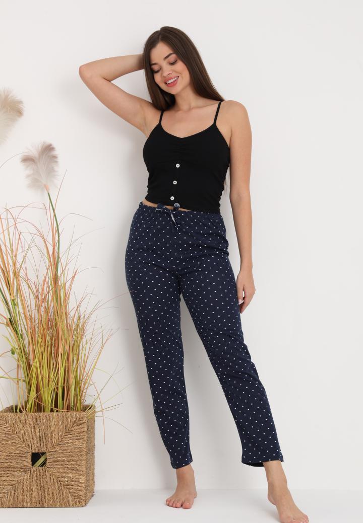 Pantaloni lungi de pijama damă imprimeu buline bluemarin