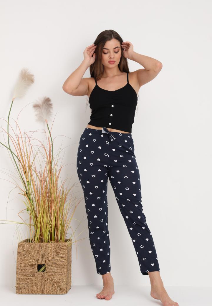 Pantaloni lungi de pijama damă imprimeu inimioare bluemarin