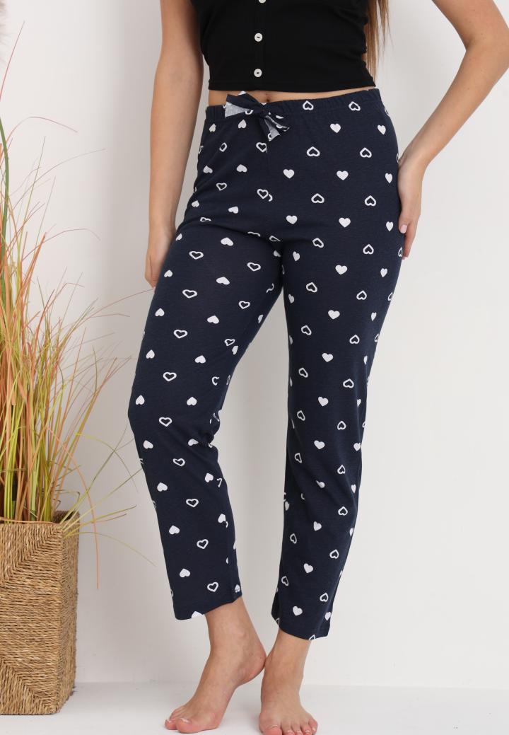 Pantaloni lungi de pijama damă imprimeu inimioare bluemarin