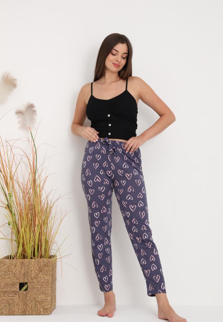 Pantaloni lungi de pijama damă imprimeu inimioare gri