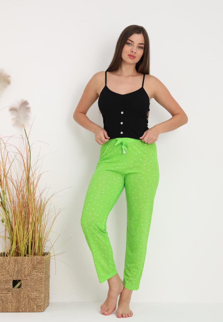 Pantaloni lungi de pijama damă imprimeu buline,verde