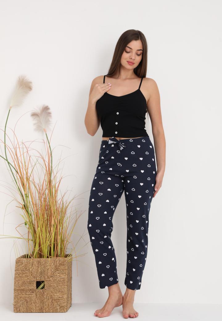 Pantaloni lungi de pijama damă imprimeu inimioare bluemarin