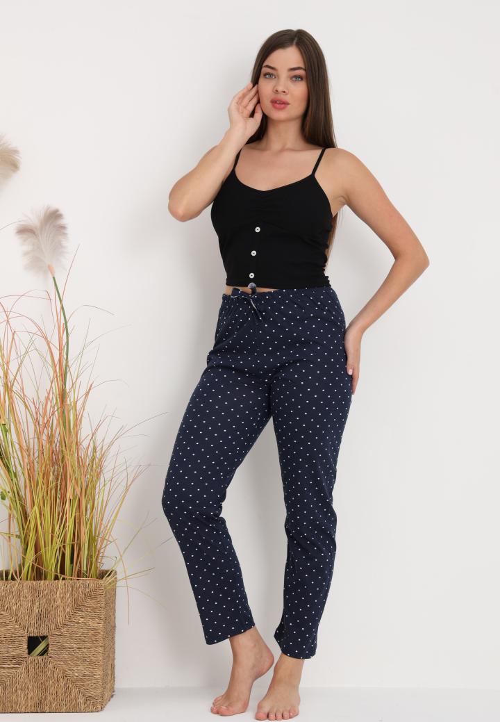 Pantaloni lungi de pijama damă imprimeu buline bluemarin
