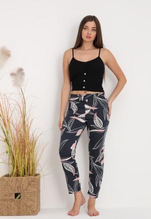 Pantaloni lungi de pijama damă imprimeu frunze,negru