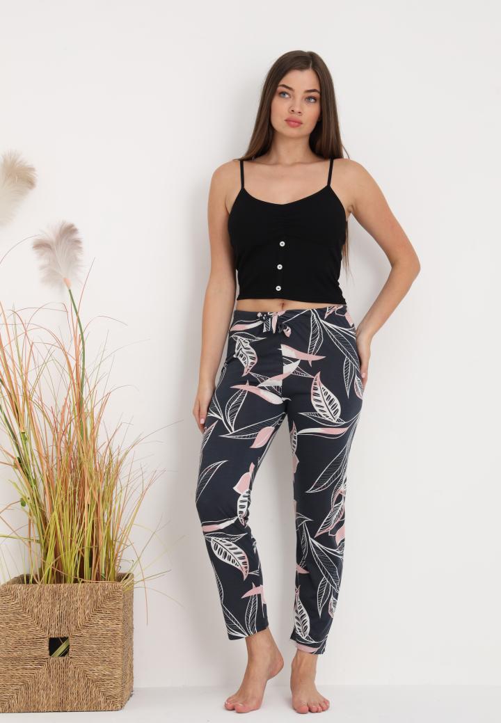 Pantaloni lungi de pijama damă imprimeu frunze,negru