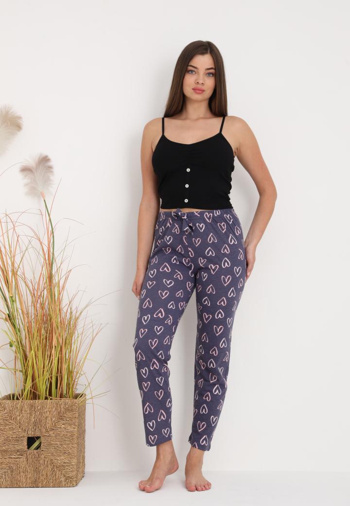 Pantaloni lungi de pijama damă imprimeu inimioare gri