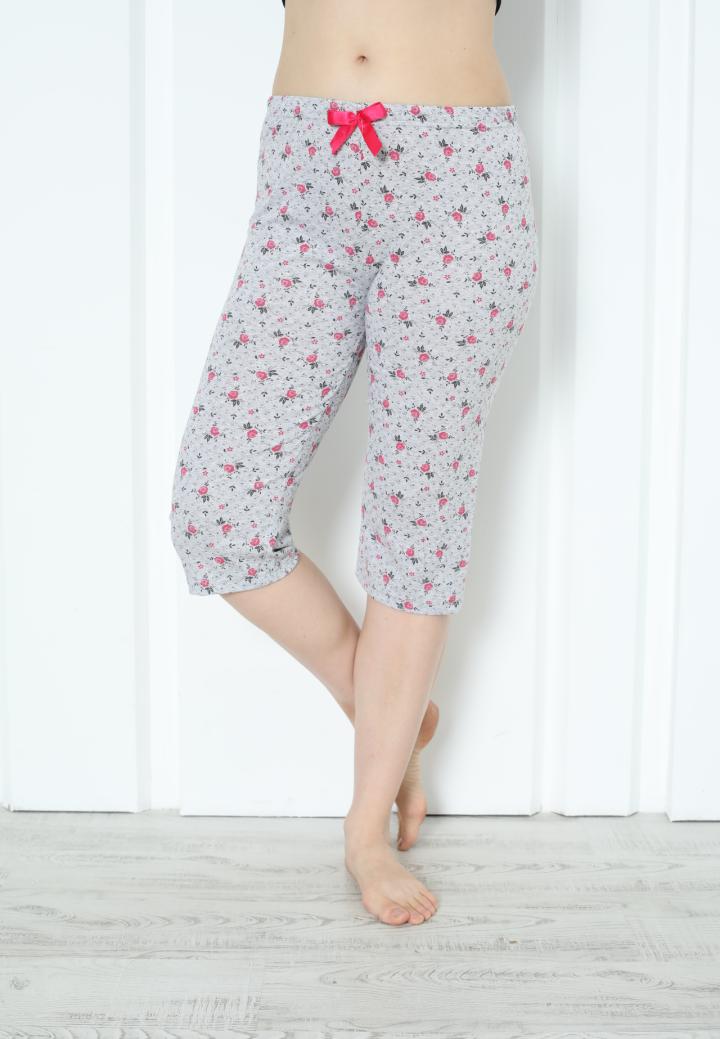 Pantaloni Pijama Damă Treisferturi cu Flori Roz Închis