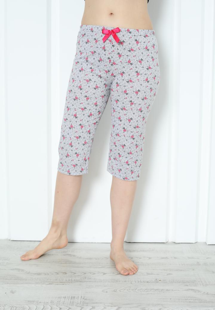 Pantaloni Pijama Damă Treisferturi cu Flori Roz Închis