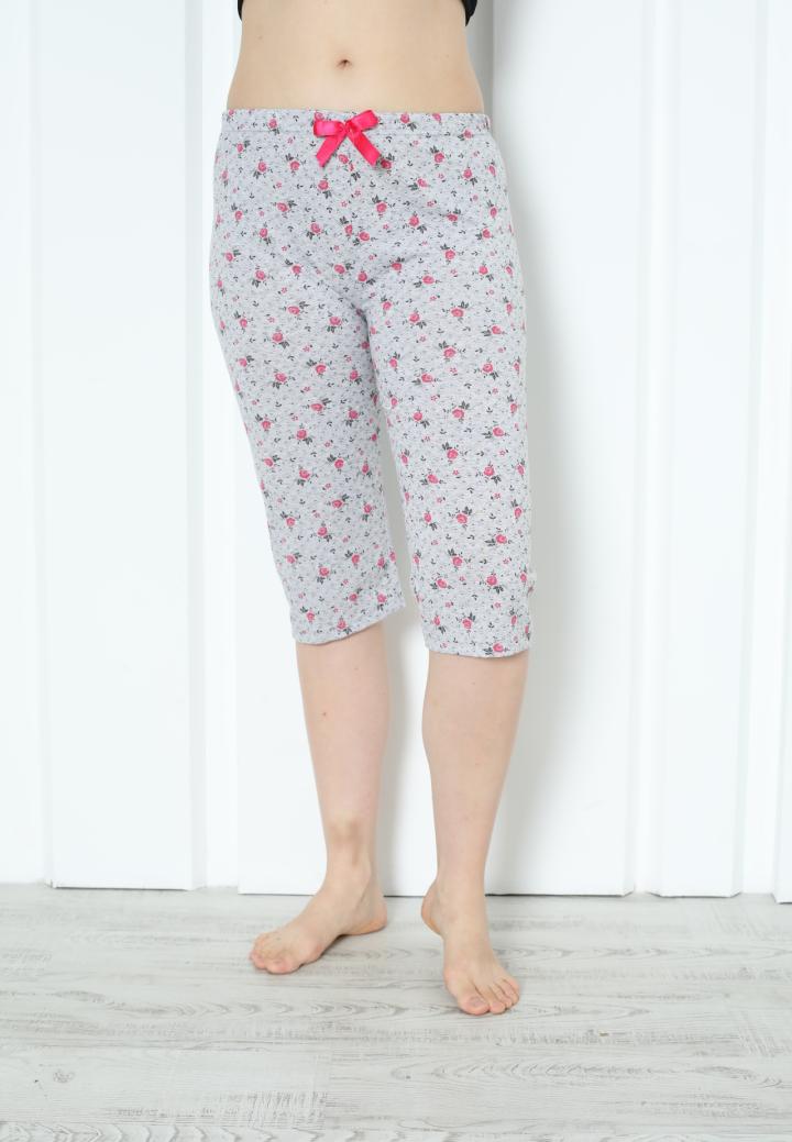 Pantaloni Pijama Damă Treisferturi cu Flori Roz Închis