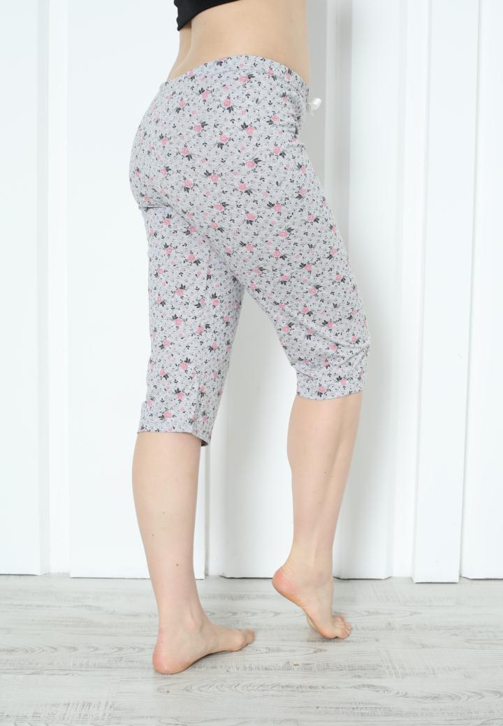 Pantaloni Pijama Damă Treisferturi cu Flori Roz Închis