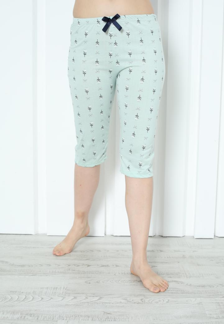 Pantaloni Pijama Damă Treisferturi cu Fundițe Verde Deschis