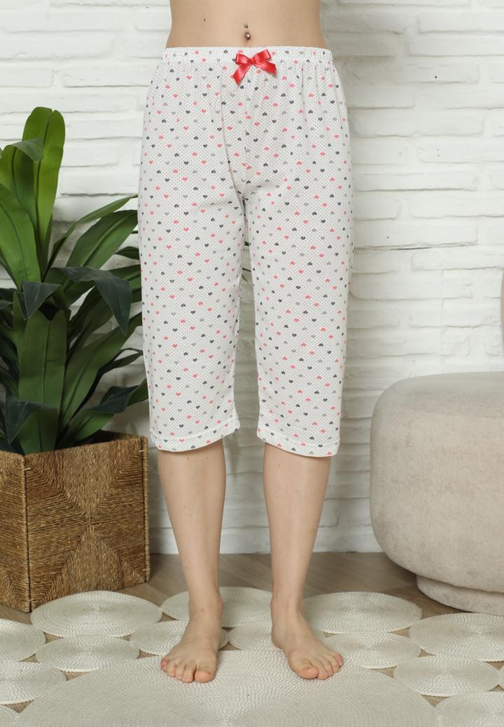 Pantaloni Pijama Damă Treisferturi, alb, inimi