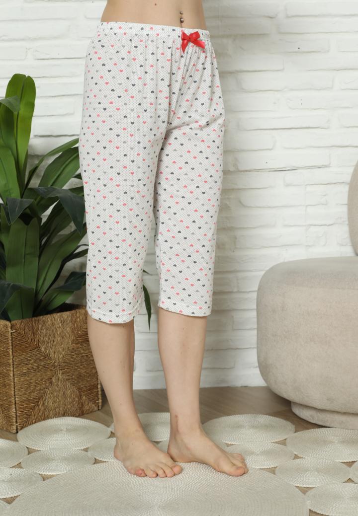 Pantaloni Pijama Damă Treisferturi, alb, inimi