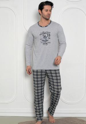 Pijama Bărbați Gri cu Design Locomotive – Mâneci Lungi și Pantaloni Lungi