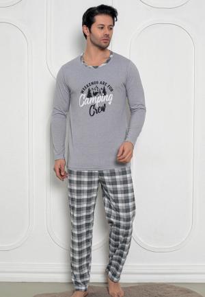 Pijama Bărbați Gri cu Print Camping Crew – Mâneci și Pantaloni Lungi