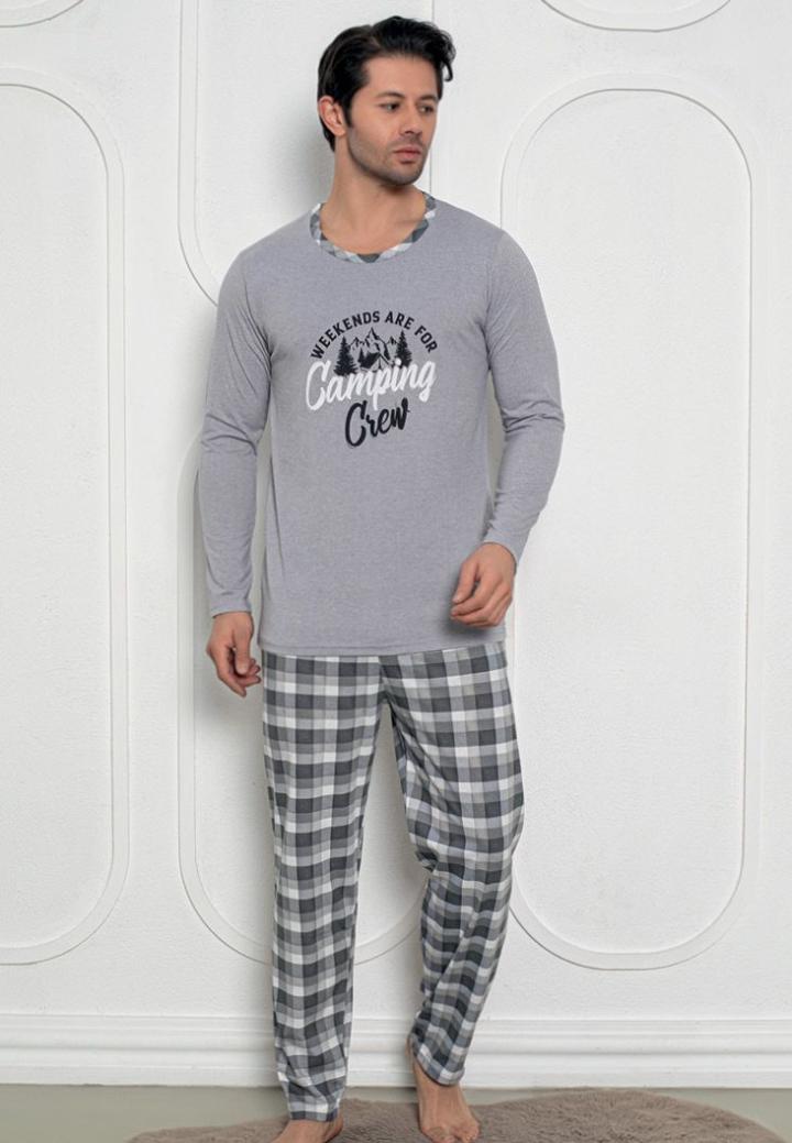 Pijama Bărbați Gri cu Print Camping Crew – Mâneci și Pantaloni Lungi