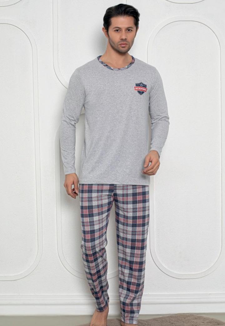 Pijama Bărbați Gri – Mâneci Lungi și Pantaloni Lungi, Design Academic