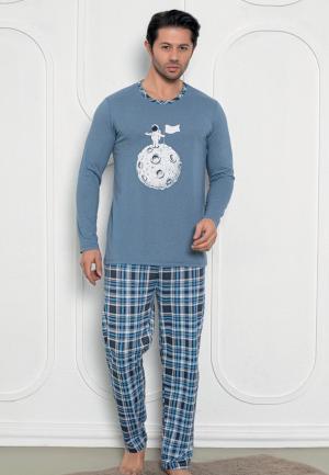 Pijama Bărbați – Mâneci Lungi și Pantaloni Lungi – Print Astronaut – Albastru